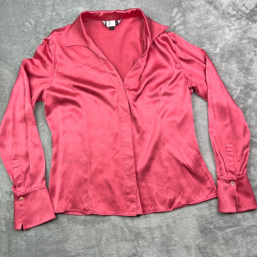 Lafayette 148 Silk French Cuff Split Collar Shirt Womens 8 Pink Silk Button Down
